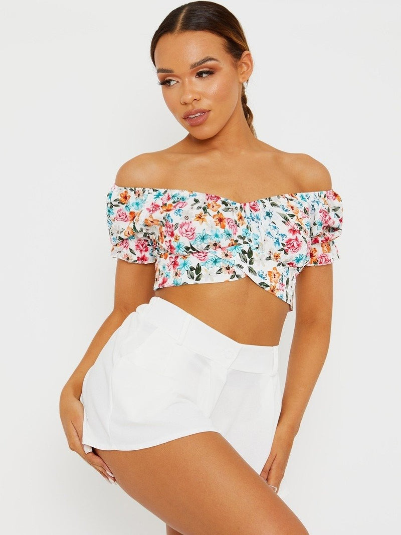 White Tie Knot Floral Bardot Crop Top