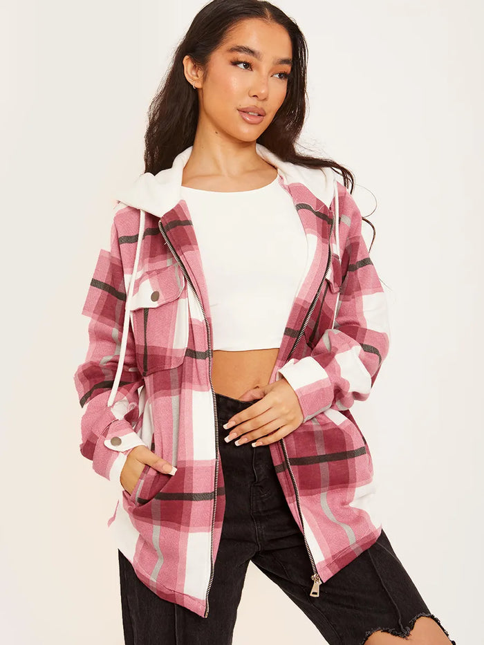 Wine Check Jacket Shacket With Hood