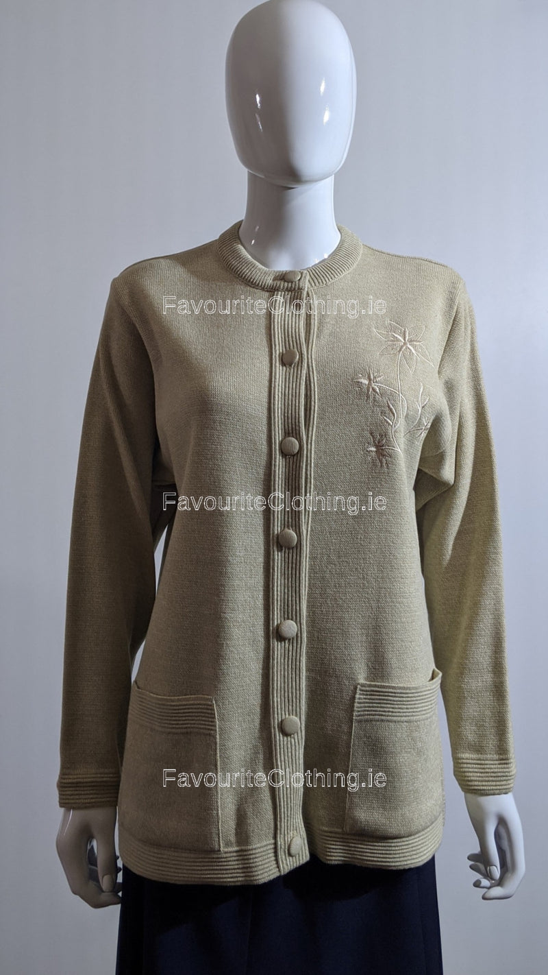 Beige Round Neck Button Pocket Cardigan