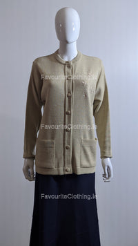 Beige Round Neck Button Pocket Cardigan