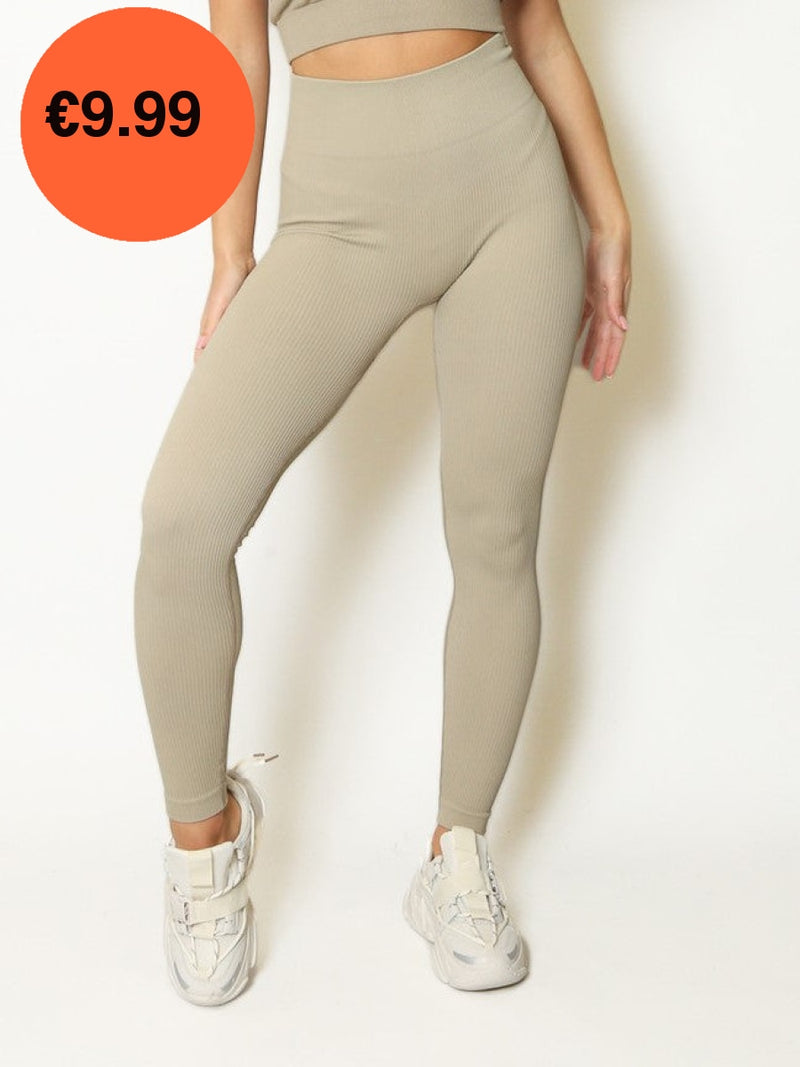 Beige Stretchy Seamless Ribbed High Waisted Gym Leggings