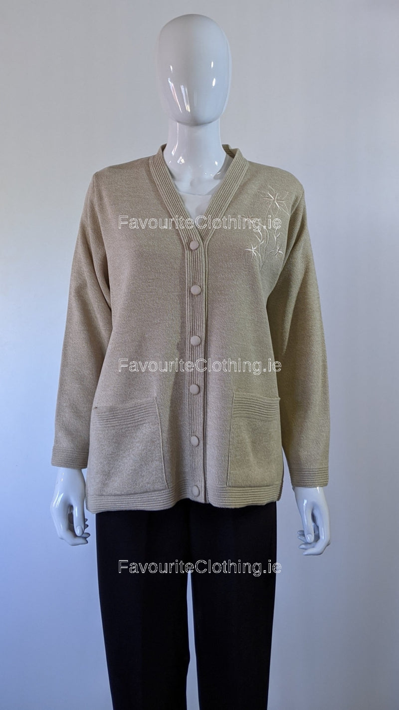 Beige V-Neck Neck Button Pocket Cardigan