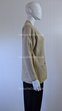 Beige V-Neck Neck Button Pocket Cardigan