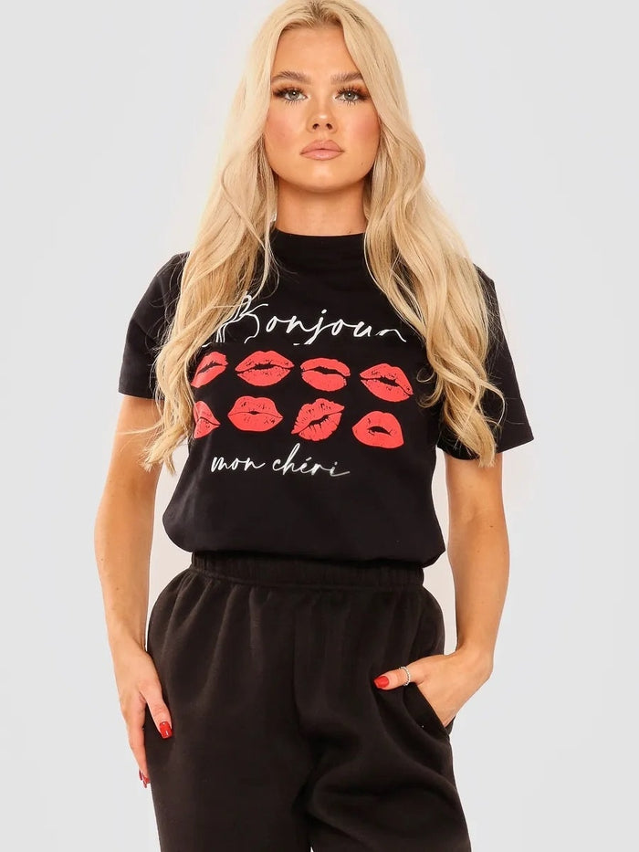 Black 'Bonjour' Graphic Printed T-Shirt