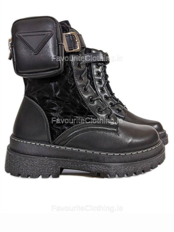 Black Chunky Sole Biker Boots with Pocket