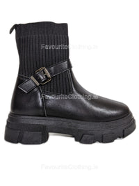 Black Chunky Sole Knit Buckle Biker Ankle Boots