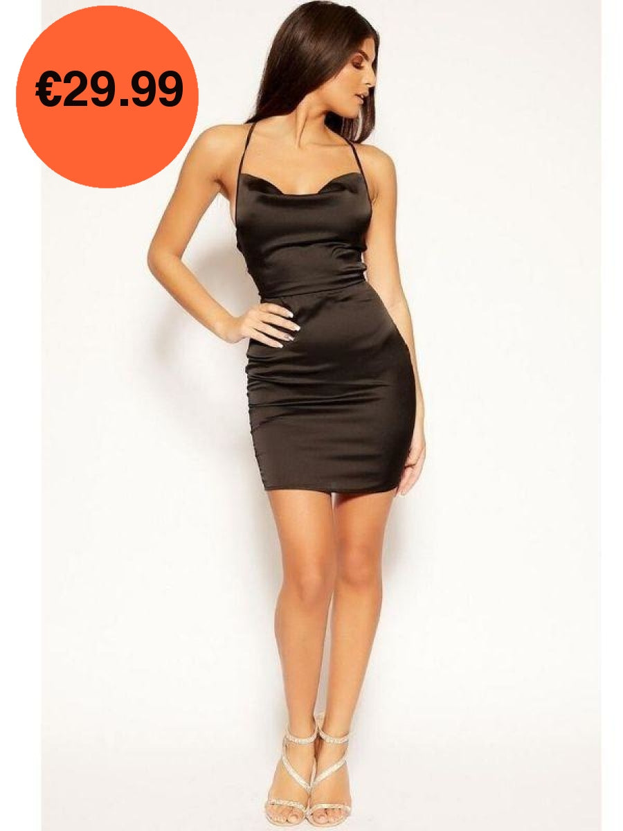 Black Cowl Neck Bodycon Satin Mini Dress