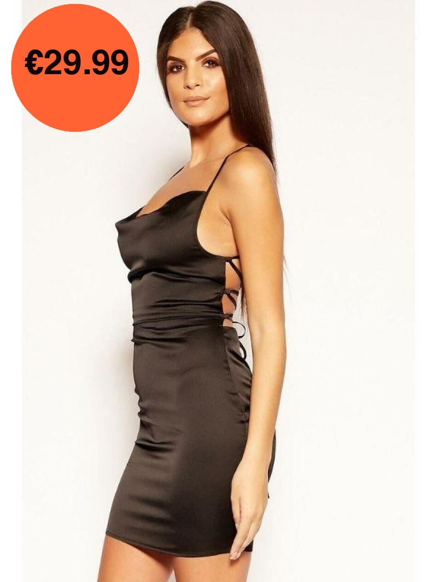 Black Cowl Neck Bodycon Satin Mini Dress