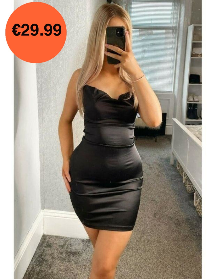 Black Cowl Neck Bodycon Satin Mini Dress