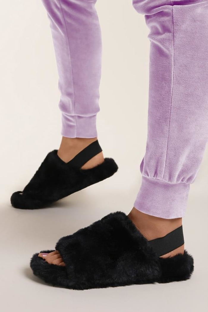 Black Faux Fur Slippers with Strap