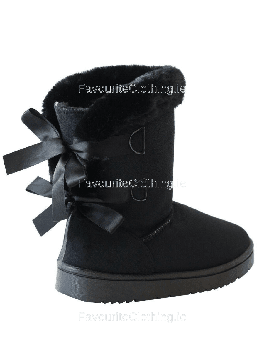 Black Faux Suede Bow Detail Fur Lined Boots