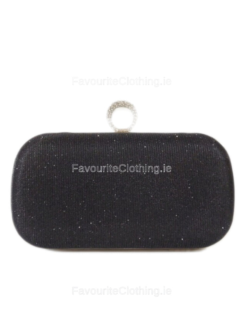 Black Glitter Diamond Ring Detail Clutch Bag