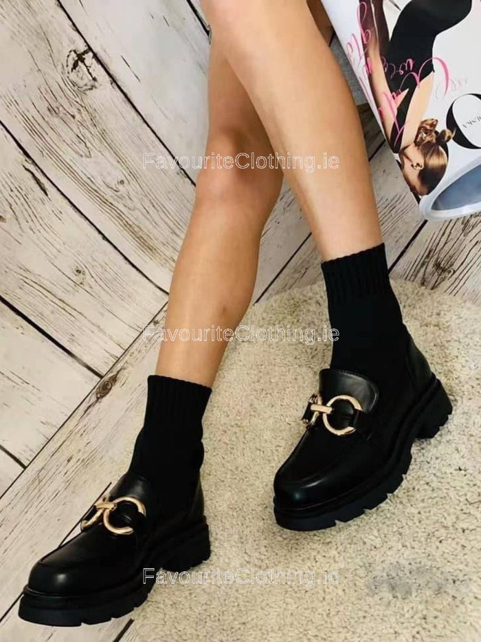 Black Gold Buckle Brogue Ankle Boot