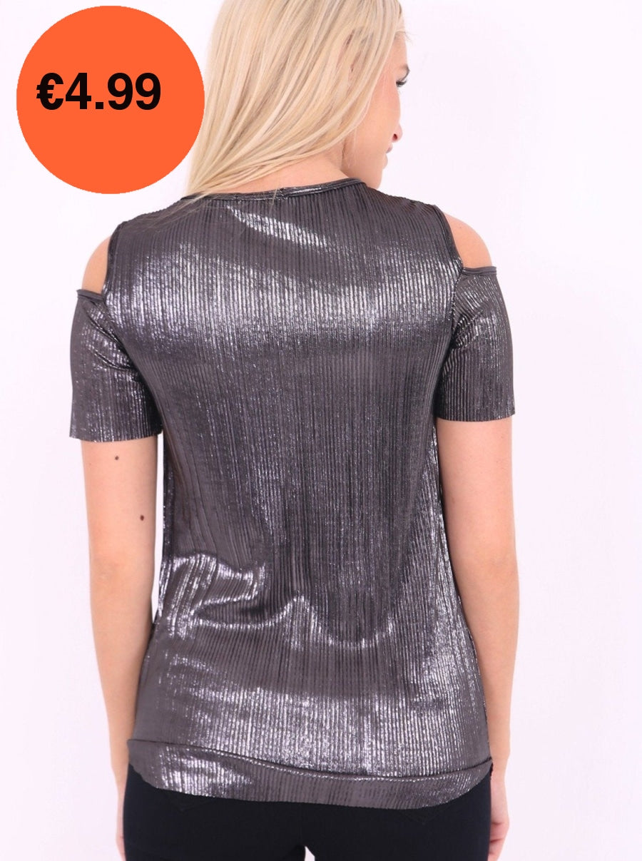 Black Metallic Pleated Cut Shoulder Top