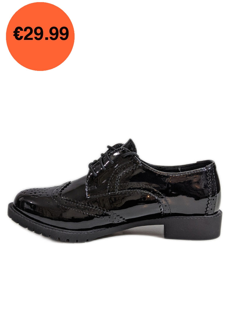 Black Patent Brogue Lace Up Flat Shoes