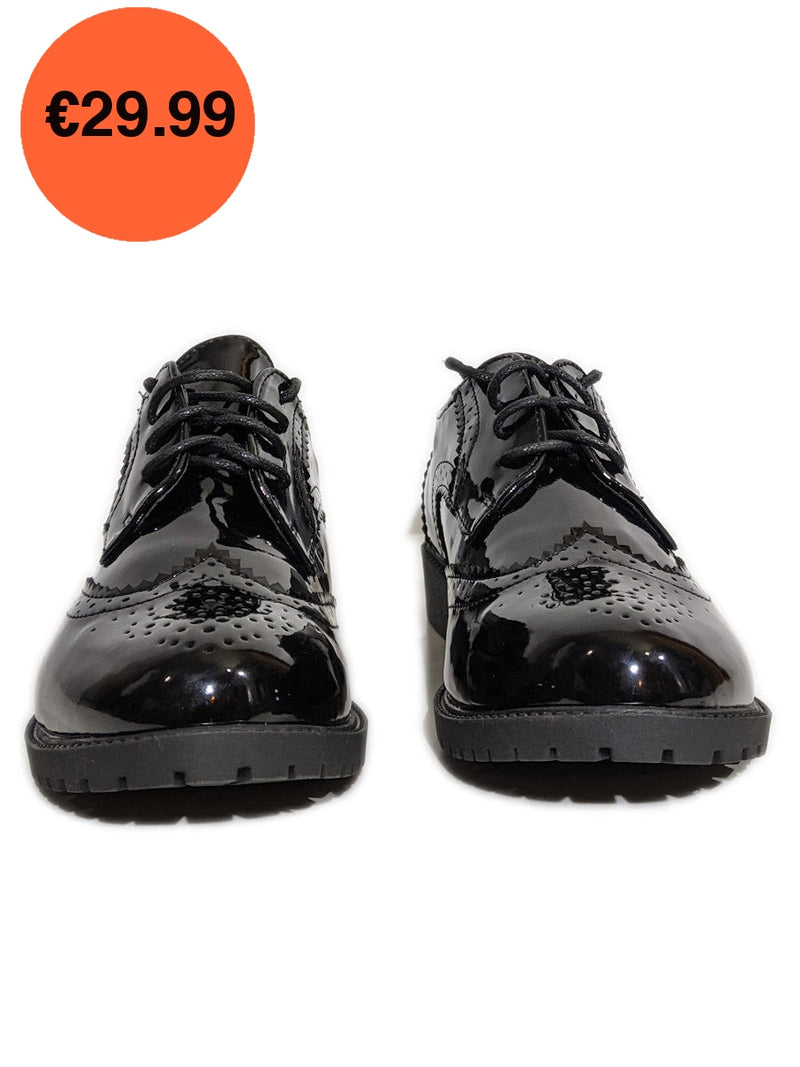 Black Patent Brogue Lace Up Flat Shoes