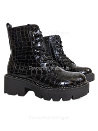 Black Patent Croc Lace Up Chunky Biker Ankle Boots