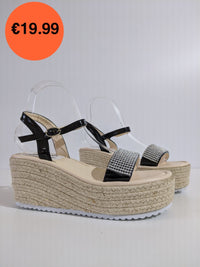 Black Patent Diamante Espadrille Wedge Sandals