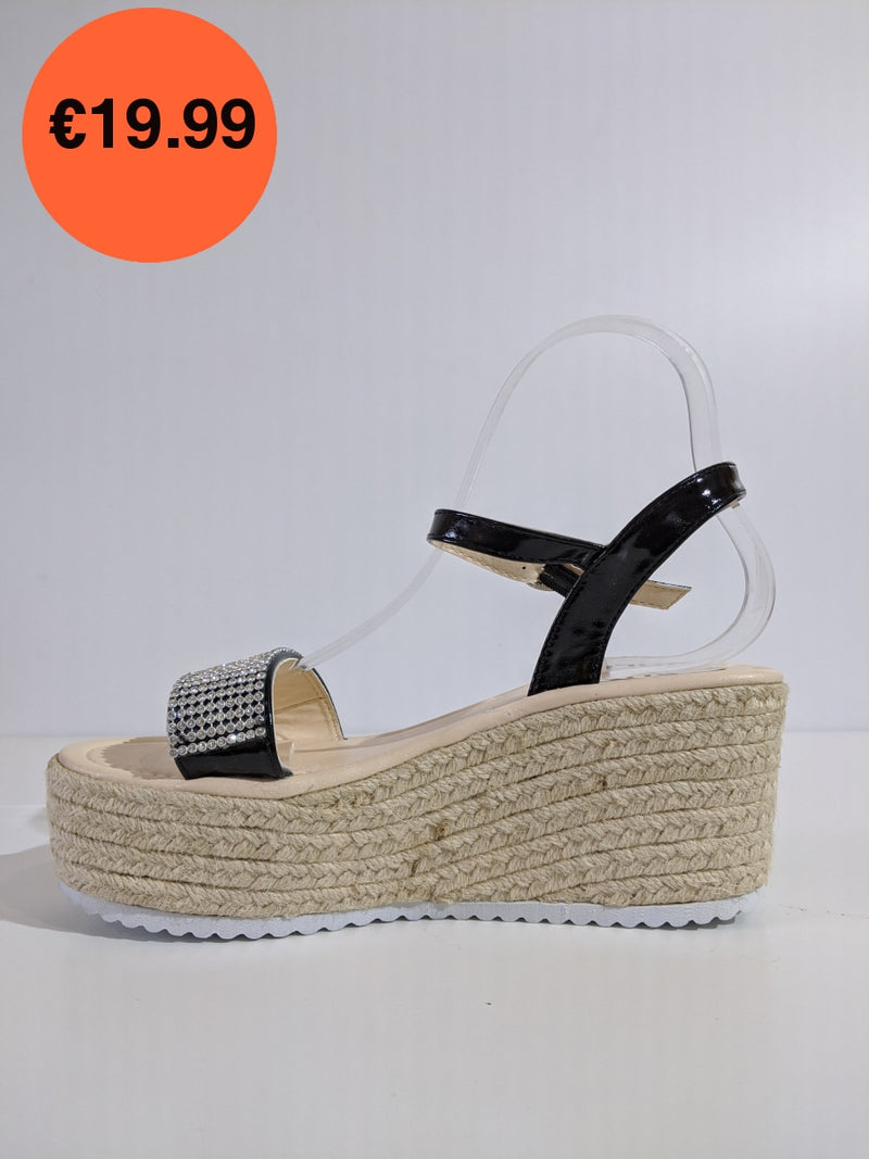 Black Patent Diamante Espadrille Wedge Sandals