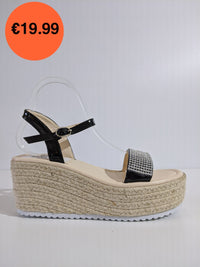 Black Patent Diamante Espadrille Wedge Sandals