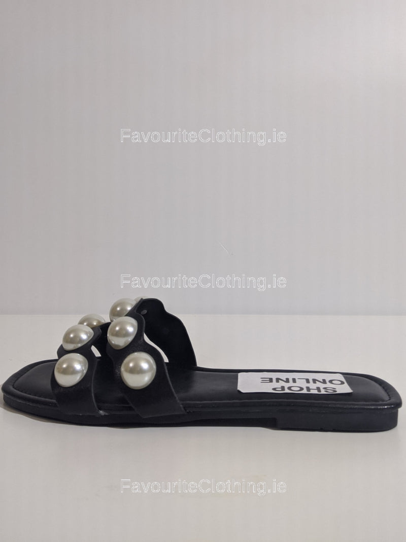 Black Pearl Embellished Flat Mule Sandals