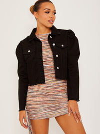 Black Puff Sleeve Cropped Denim Jacket