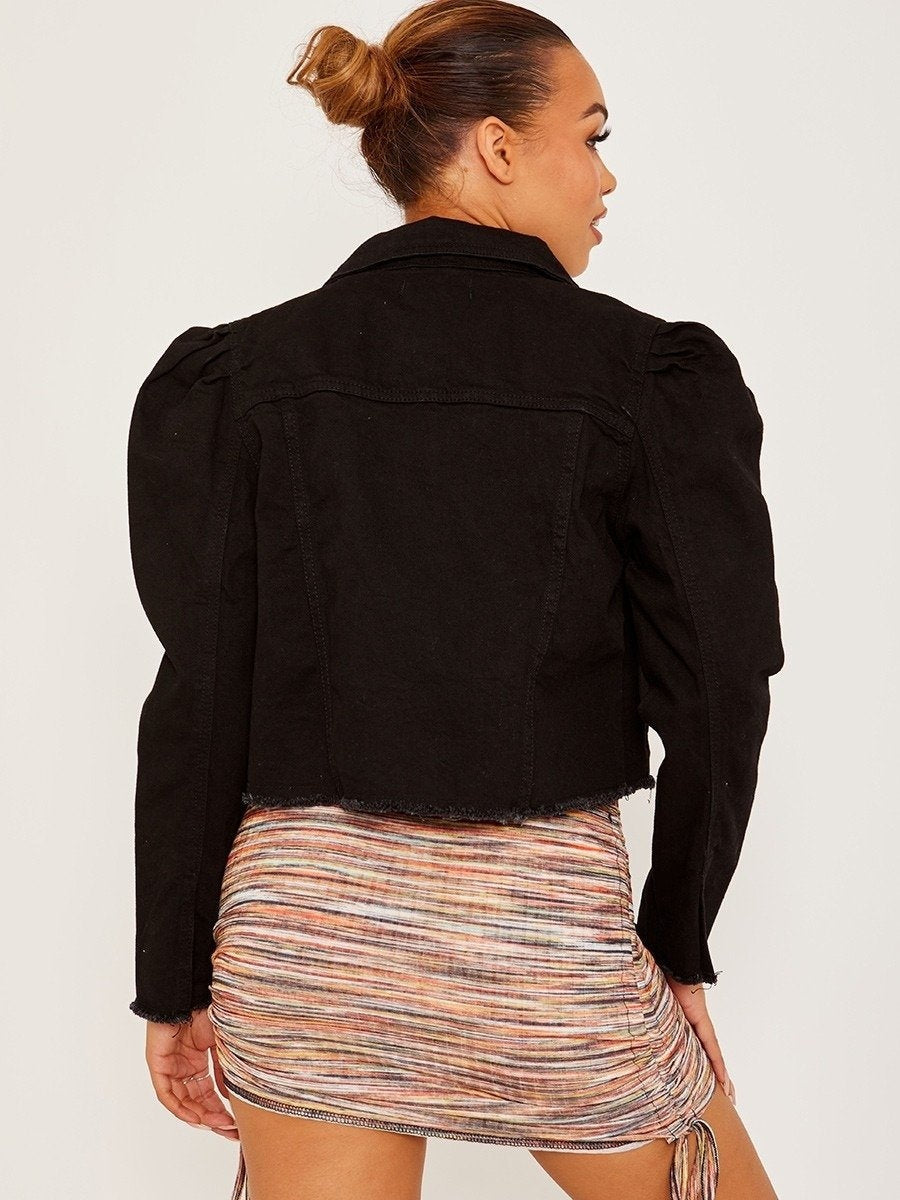 Black Puff Sleeve Cropped Denim Jacket