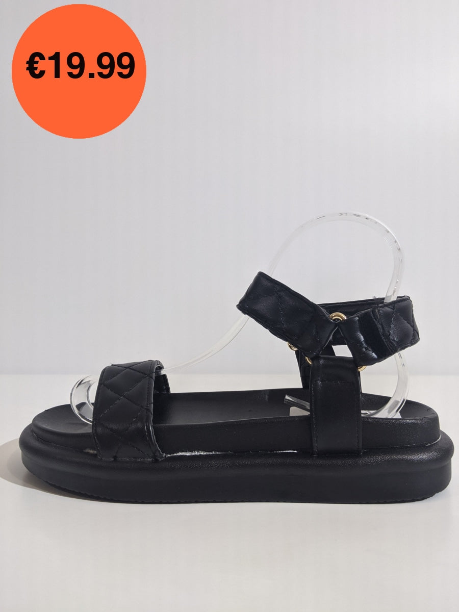 Black Quilted Velcro Strap Chunky Platform Sandal