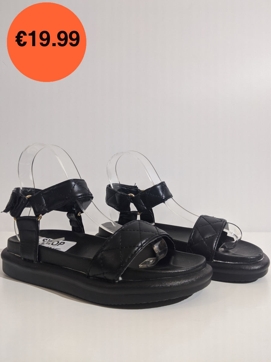 Black Quilted Velcro Strap Chunky Platform Sandal