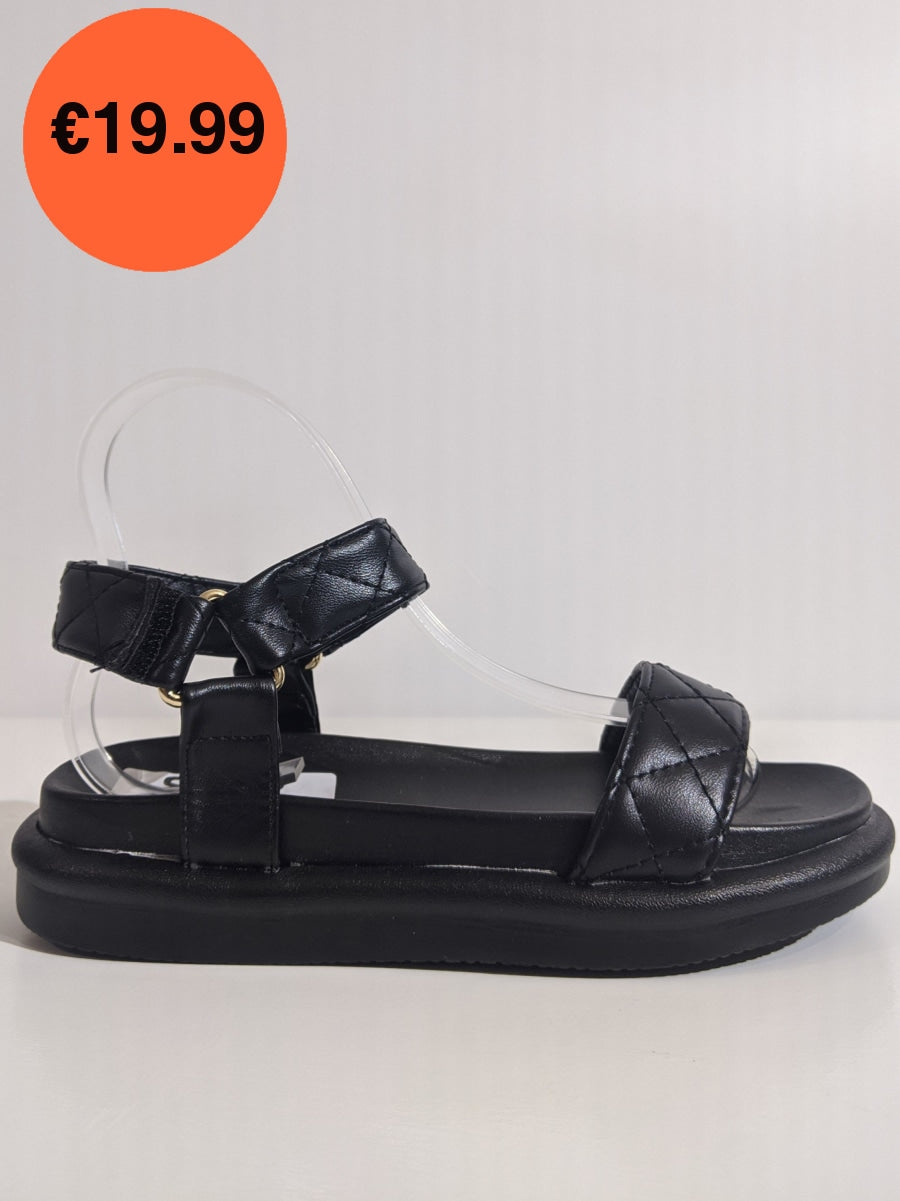 Black Quilted Velcro Strap Chunky Platform Sandal