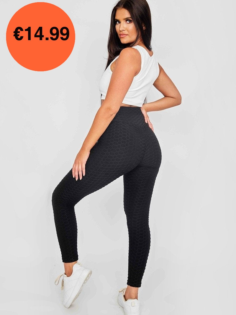 Black Ruched Back Honeycomb Texture Detail Active Legging