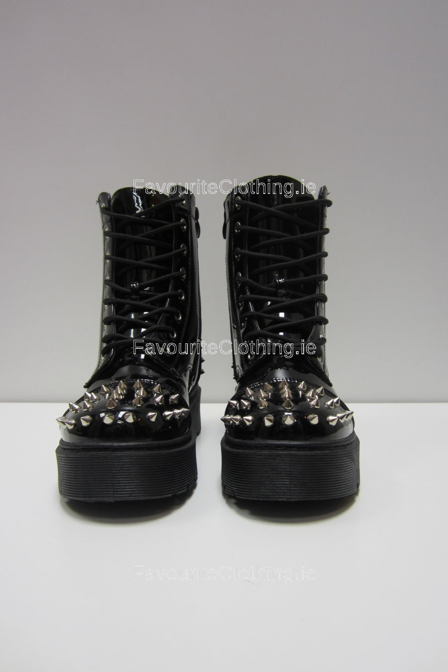 Black Spike Patent Platform Laced-Up Boots