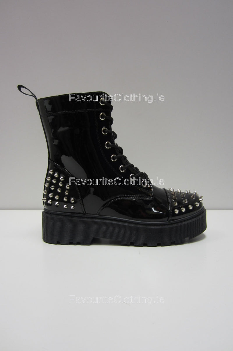 Black Spike Patent Platform Laced-Up Boots