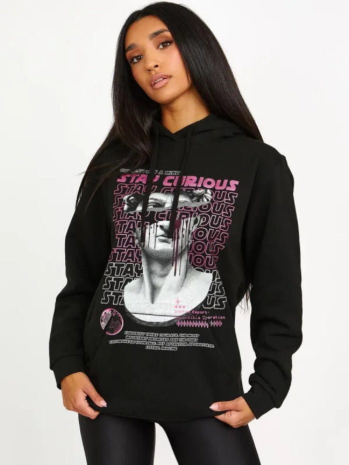 Black Stay Curious Graphic Print Fleeced Hoodie