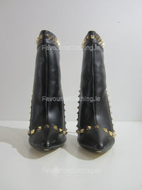 Black Stiletto Heel Gold Studded Ankle Boots