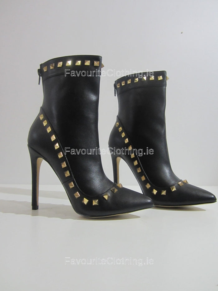 Black Stiletto Heel Gold Studded Ankle Boots