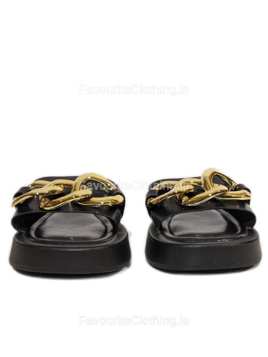 Black Thick Sole Platform Sliders with Gold Buckle 