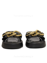 Black Thick Sole Platform Sliders with Gold Buckle 