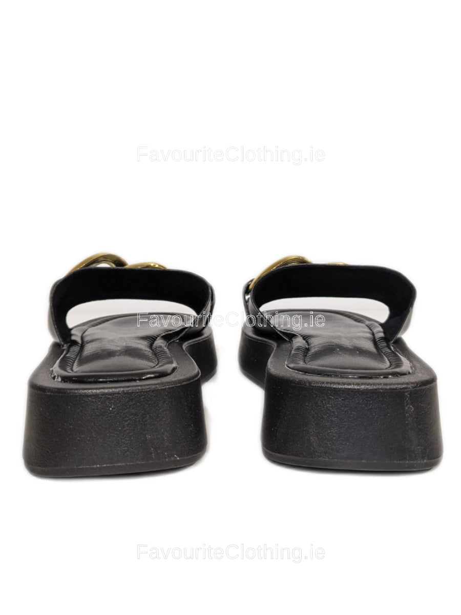 Black Thick Sole Platform Sliders with Gold Buckle 