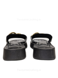 Black Thick Sole Platform Sliders with Gold Buckle 