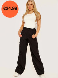 Black Wide Leg Loose Combat Cargo Trousers