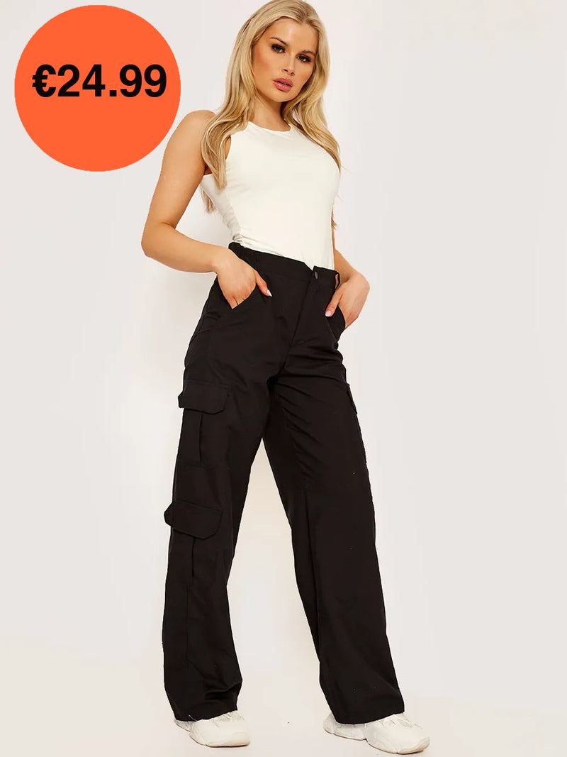 Black Wide Leg Loose Combat Cargo Trousers