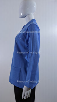 Blue Round Neck Button Pocket Cardigan