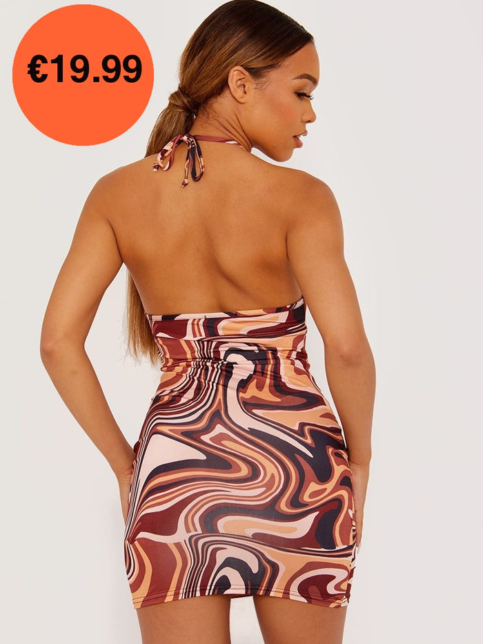 Brown Halter Neck Marble Print Slinky Dress