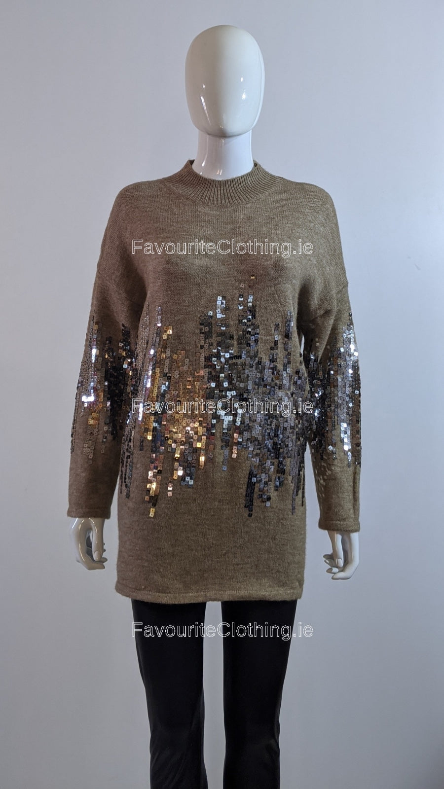 Brown Oversized Sequin High Neck Jumper