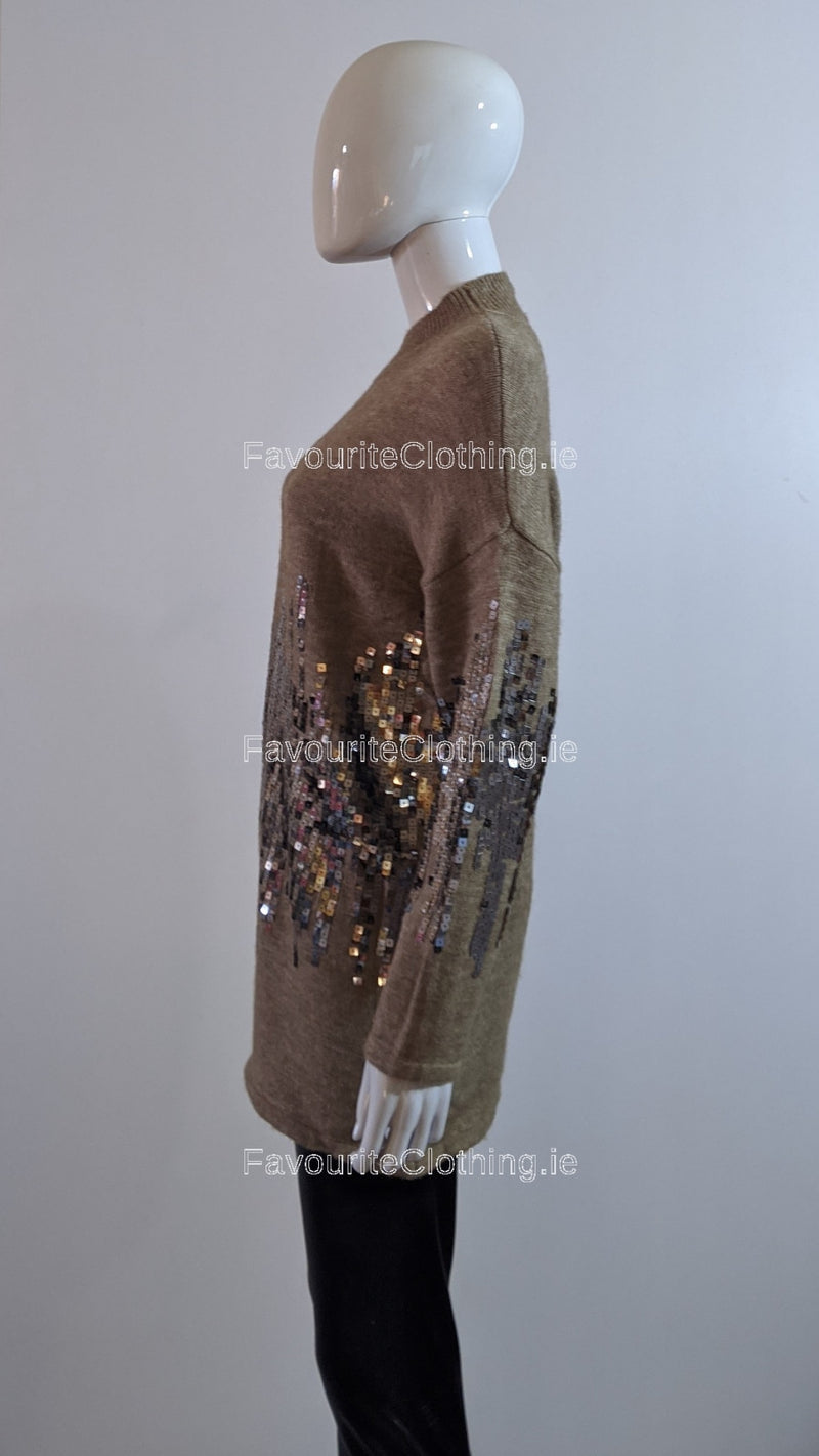 Brown Oversized Sequin High Neck Jumper