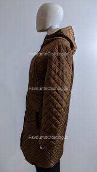 Brown Quilted Hooded Long Coat