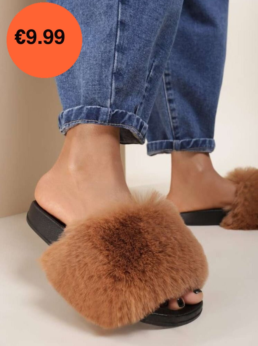 Camel Faux Fur Fluffy Sliders FavouriteClothing.ie