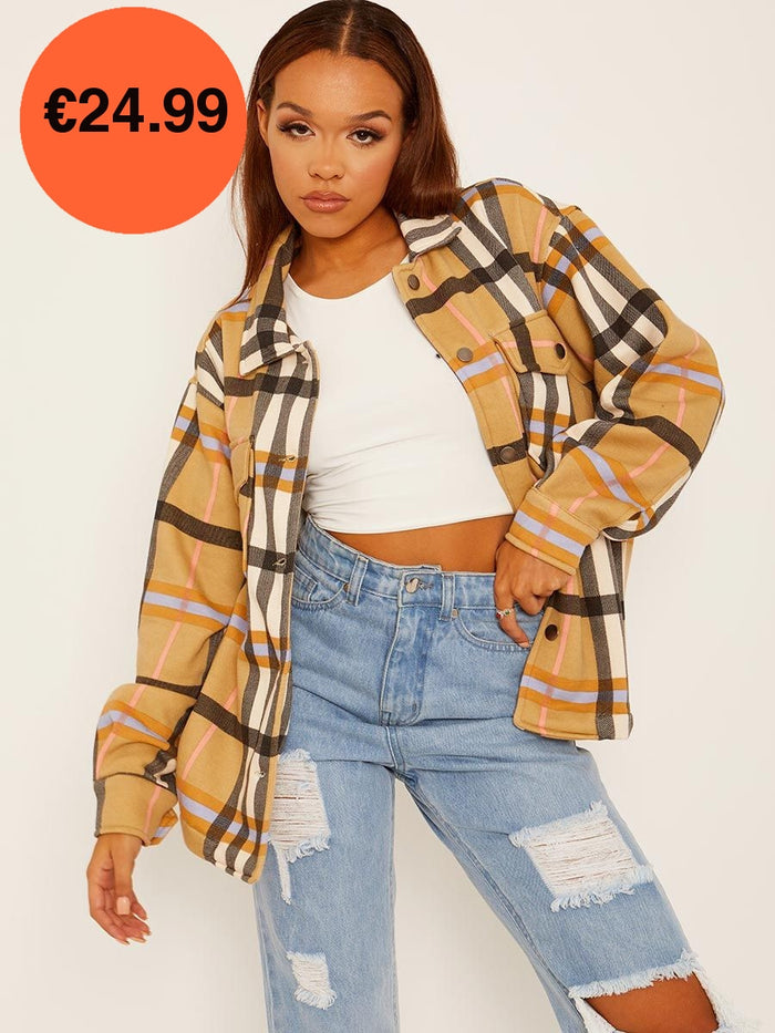 Camel Oversized Checked Shirt Jacket