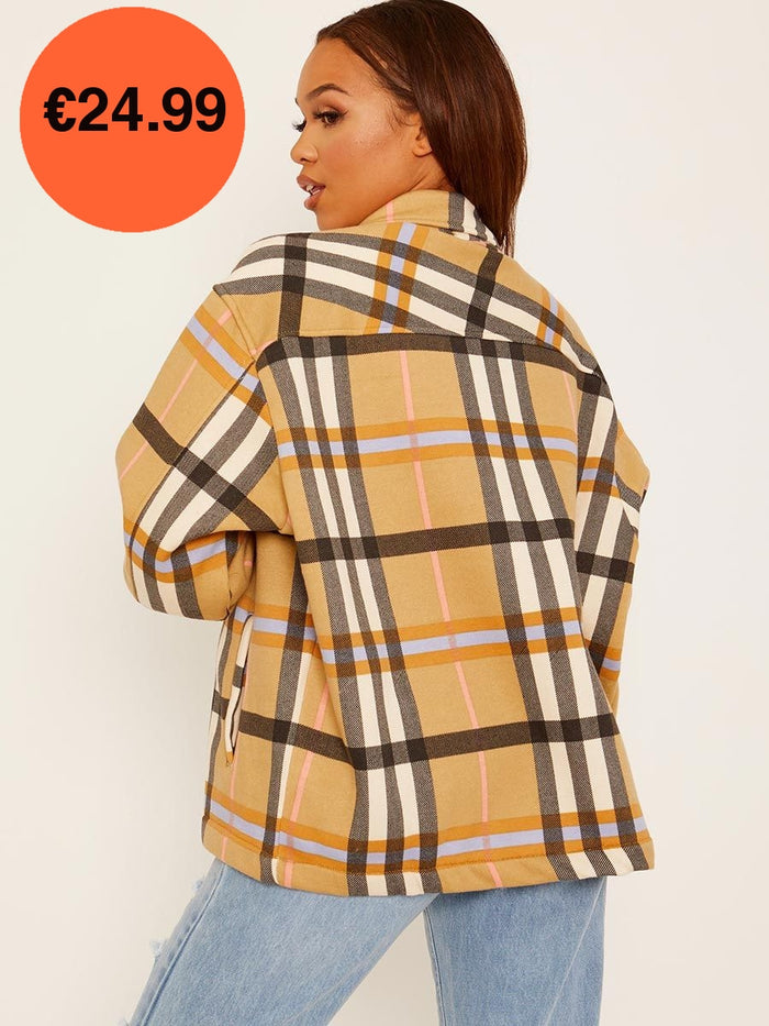 Camel Oversized Checked Shirt Jacket